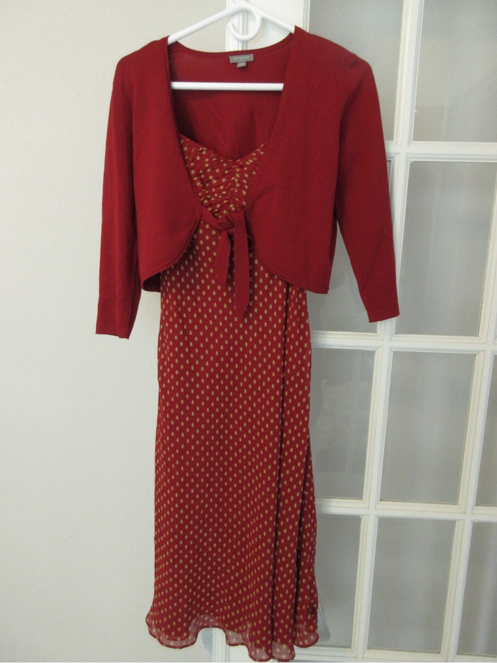Ann Taylor Silk Red Two-Piece Dress with Gold Dot Print